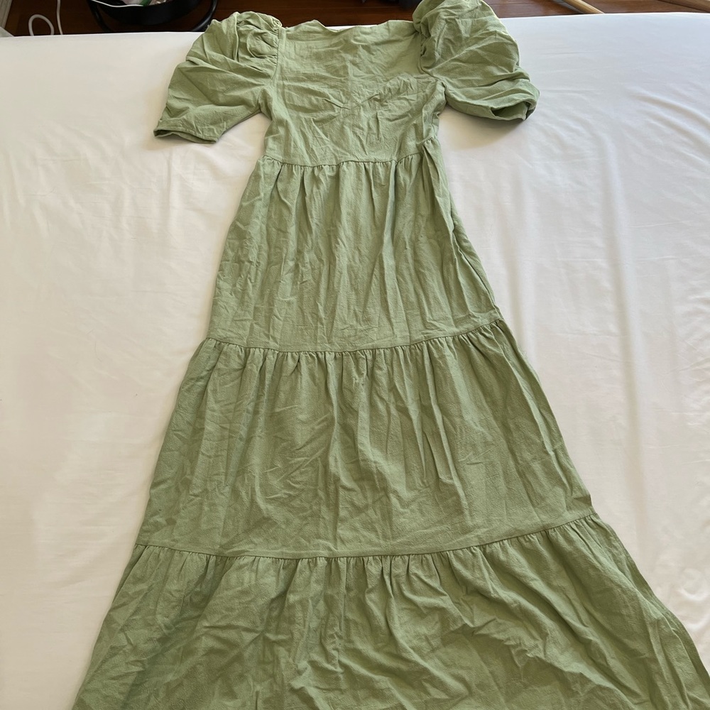 Nasty Gal linen puff sleeve sage color maxi dress with side slit
